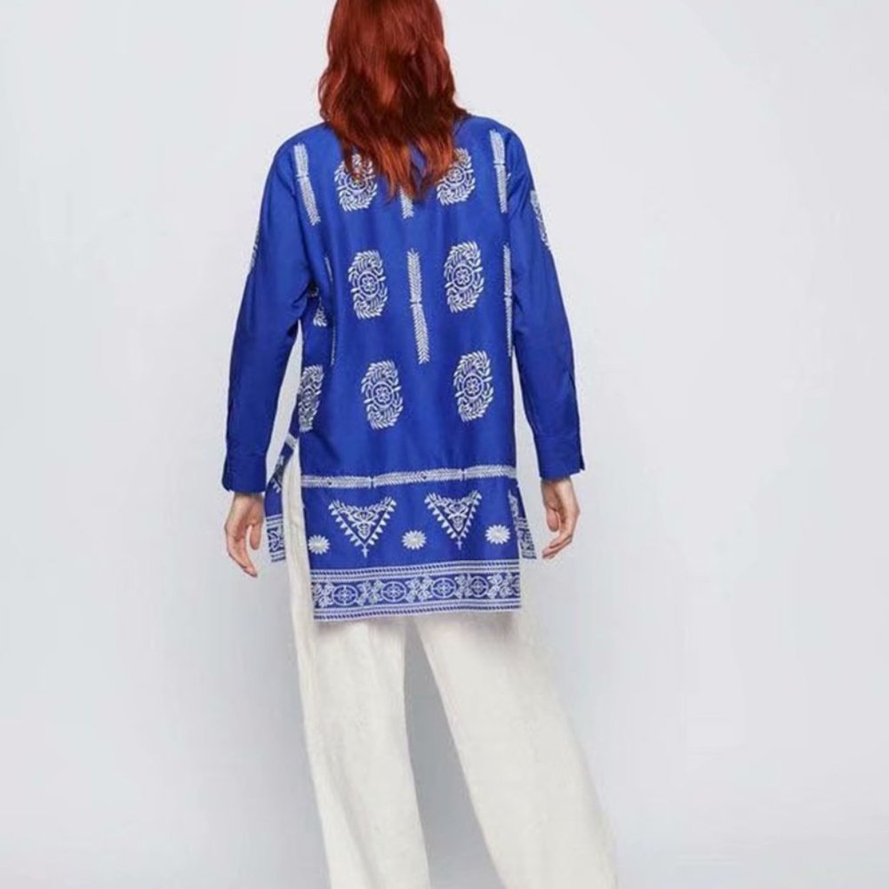 ZARA Embroidered Cotton Tunic Hi Lo Hem Blue with White Sz L/XL - Picture 8 of 13